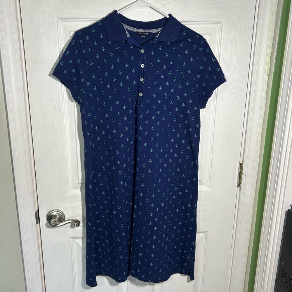 Lands End Womens Medium 10-12 Polo Shirt Dress Anchor Print Nautical Knee Length